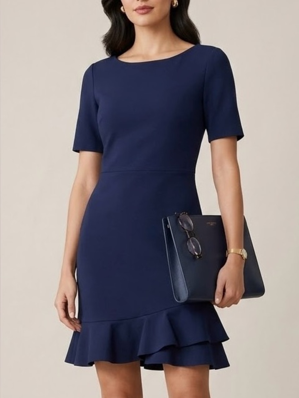 DIANE VON FURSTENBERG Serafina Ruffle Hem Short Sleeve Ponte Mini Dress Navy